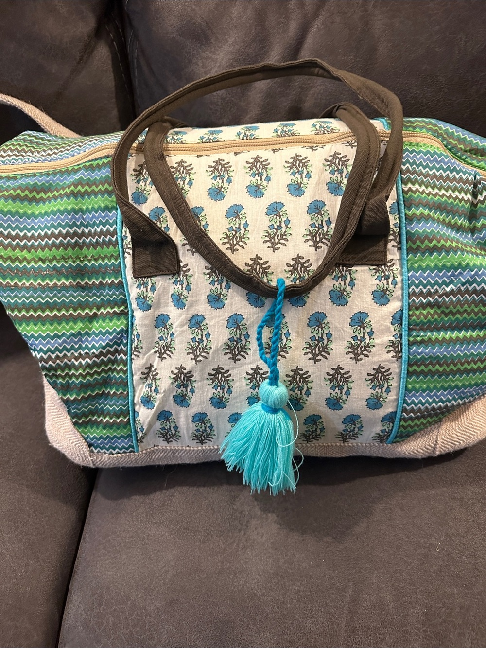 Boho Floral Weekend Tote in Teal and Brown by Karma Highway